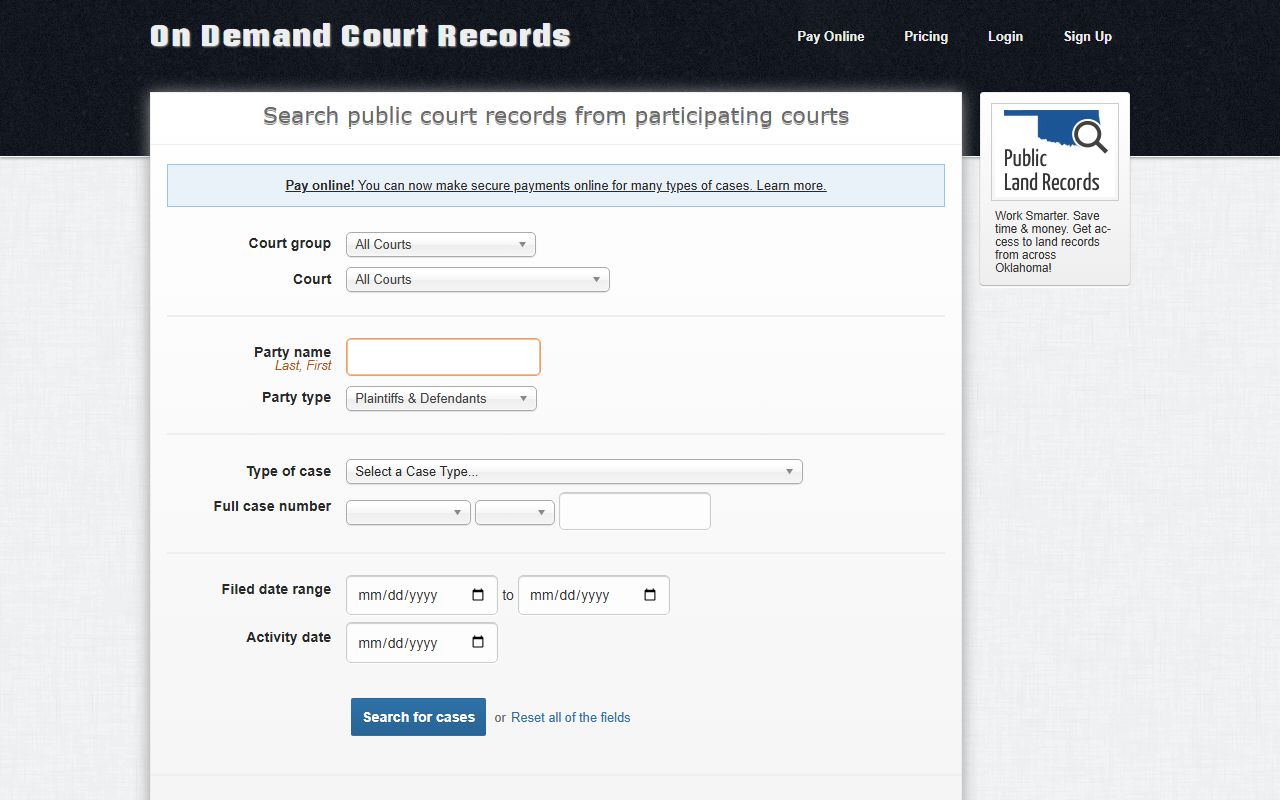 Oklahoma white pages On Demand Court Records portal
